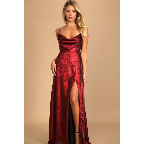 Lulus Dresses & Skirts - Lulus Shining Just For You Red Metallic Cowl Neck Maxi Dress Size Small